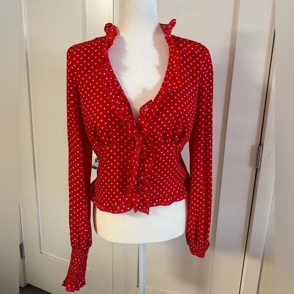 Free People Red Polka Dot Ruffle V-Neck Blouse